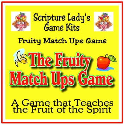 Colorful game kit for matching fruits with a spiritual theme.