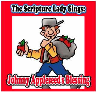 Cartoon of Johnny Appleseed with apples and a hat.