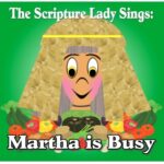 Illustration of a cheerful woman with a halo, titled 'Martha is Busy'. Illustration of a cheerful woman with a halo, titled 'Martha is Busy'.