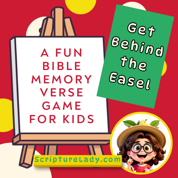 Colorful Bible memory verse game for kids with cards and an easel.