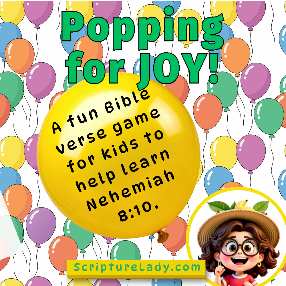 Colorful balloon-themed poster promoting a joyful Bible verse game for kids about Nehemiah.