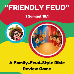 Friendly Feud FI Colorful graphic titled 'The Fruit of the Spirit' with fruit illustrations and scripture reference.
