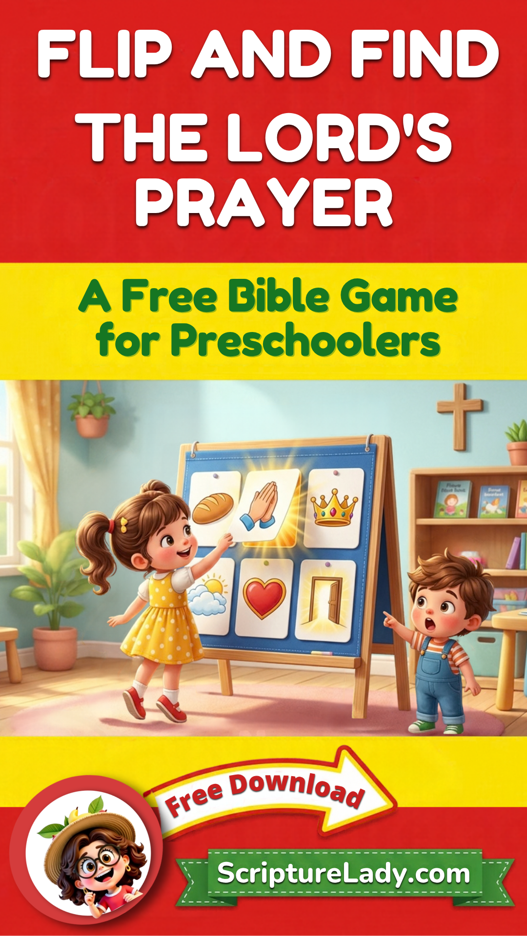 A colorful game titled 'Flip and Find The Lord's Prayer' for preschoolers.